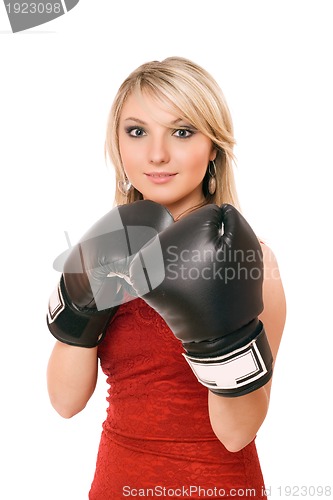 Image of Charming blond woman in boxing gloves