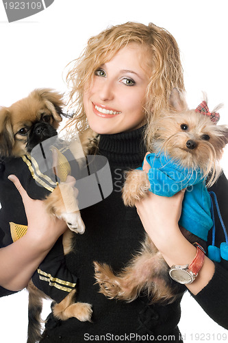Image of Portrait of smiling attractive blonde with two dogs. Isolated
