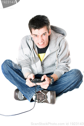 Image of Furious guy with a joystick for game console