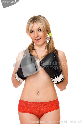 Image of Attractive blond lady in boxers gloves