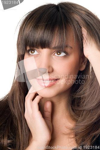 Image of thoughtful woman with dark hair and brown eyes