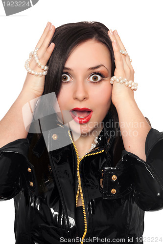 Image of Shocked young woman in black jacket