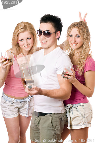 Image of Two cheerful blonde woman and young man