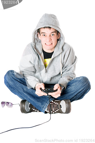 Image of Young man in hood with a joystick