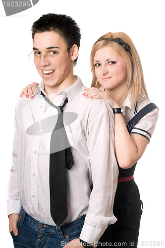 Image of Portrait of cheerful student pair. Isolated