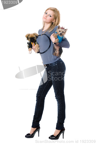 Image of Attractive young blonde posing with two dogs