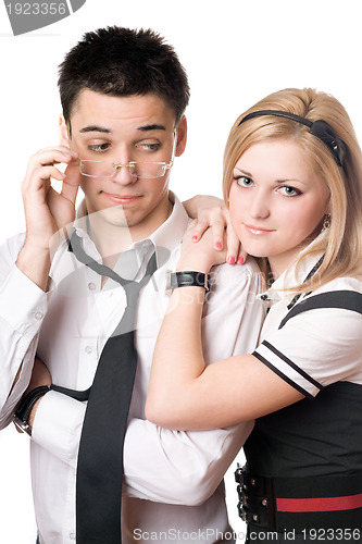 Image of Pretty funny student pair. Isolated