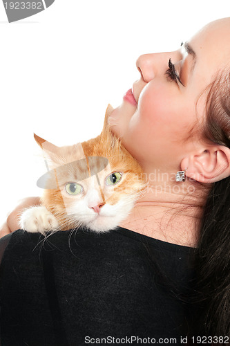 Image of Portrait of young woman with a red cat. Isolated