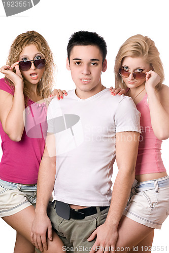 Image of two sensual blonde women with handsome young man