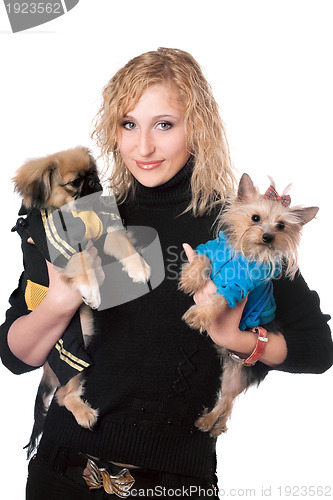 Image of Portrait of smiling pretty blonde with two dogs. Isolated