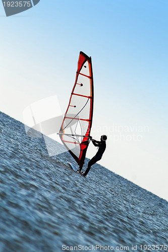 Image of Silhouette of a windsurfer on the sea