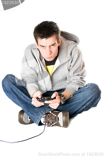 Image of Guy with a joystick for game console. Isolated