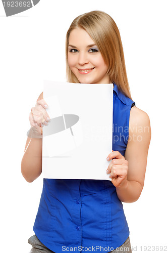 Image of Smiling young woman holding empty white board