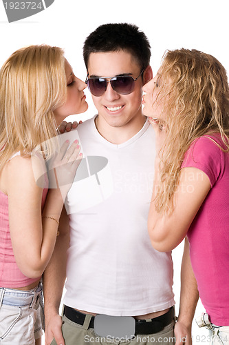 Image of Two pretty blonde kissing young man
