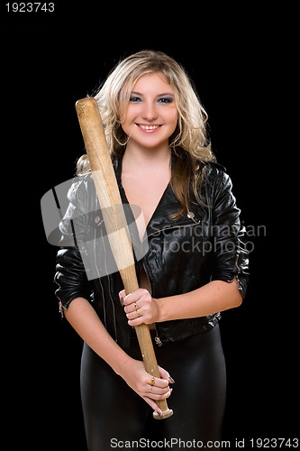 Image of Cheerful young blonde with a bat