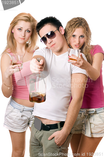 Image of Young people with a bottle of whiskey. Isolated