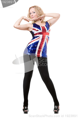 Image of sexy blonde posing in union-flag shirt