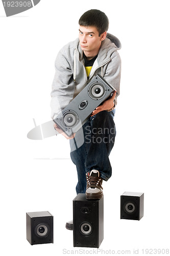 Image of Young man with a speakers. Isolated