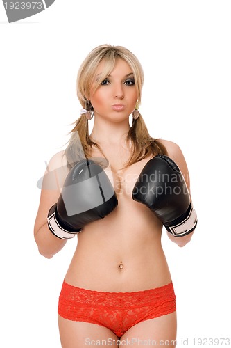 Image of Attractive blond woman in boxers gloves