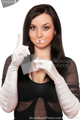 Image of Young pretty brunette gesturing. Isolated