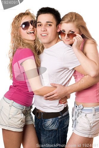 Image of two smiling women and handsome young man