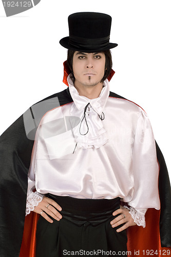 Image of man in a suit of Count Dracula