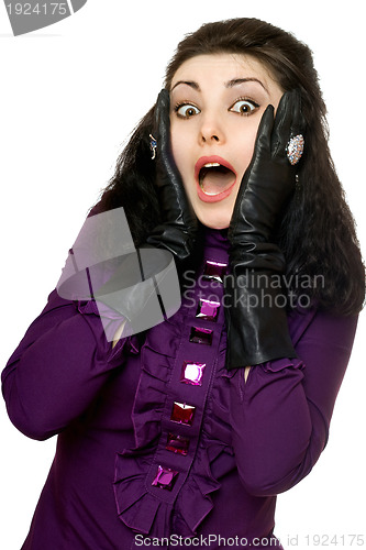 Image of Portrait of frightened young woman. Isolated