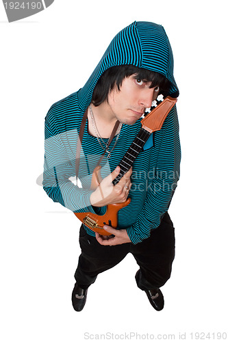 Image of Bizarre young man with a little guitar