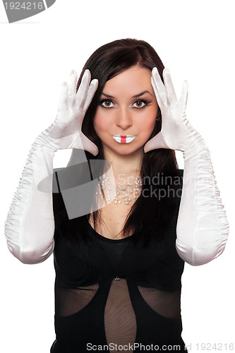 Image of Young beautiful brunette gesturing. Isolated