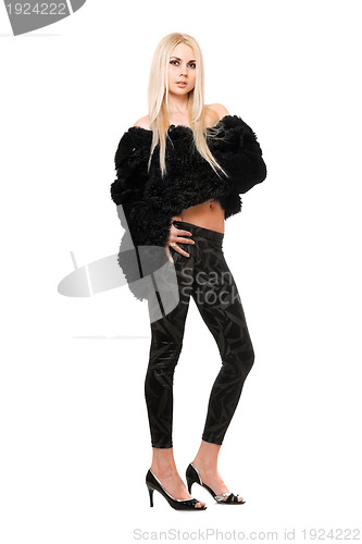 Image of Perfect young blonde in black coat