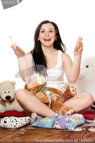 Image of Happy girl blow bubbles. Isolated 