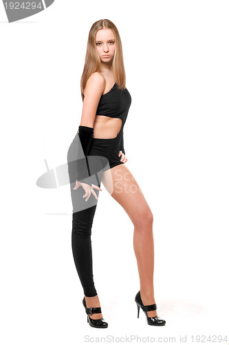 Image of Attractive young woman in skintight black costume