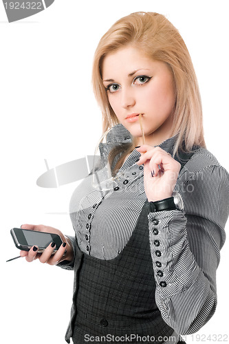 Image of Young blonde with smartphone. Isolated