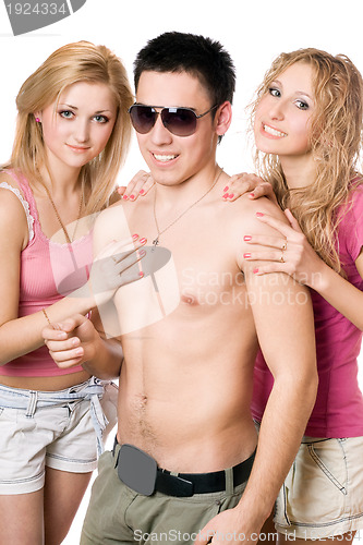 Image of Two happy blonde women with young man