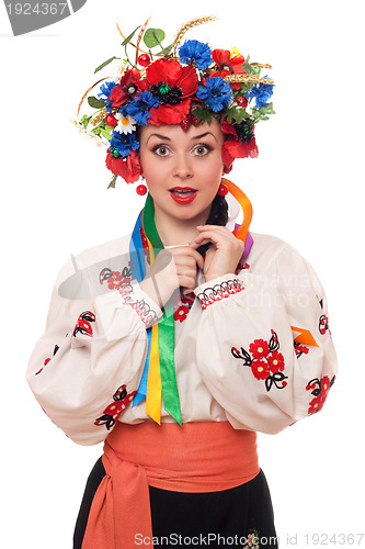 Image of surprised woman in the Ukrainian national clothes