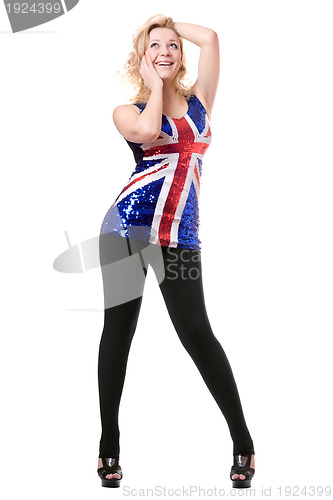 Image of smiling woman wearing union-flag shirt