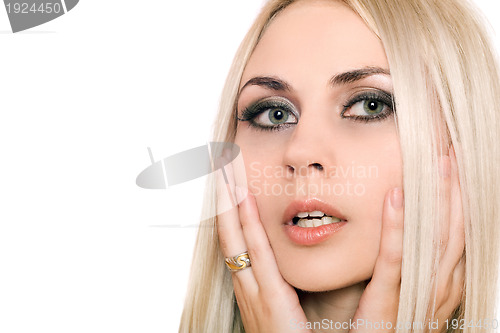 Image of Closeup portrait of attractive young blonde. Isolated