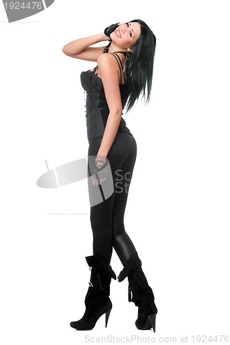 Image of Smiling brunette in black leggings. Isolated