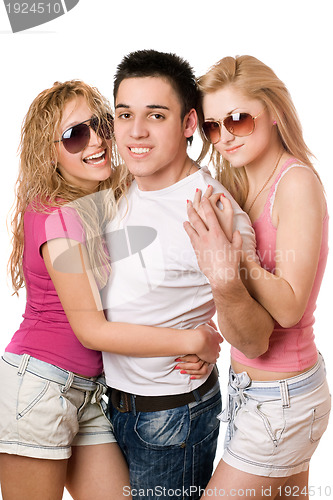 Image of two joyful women and handsome young man