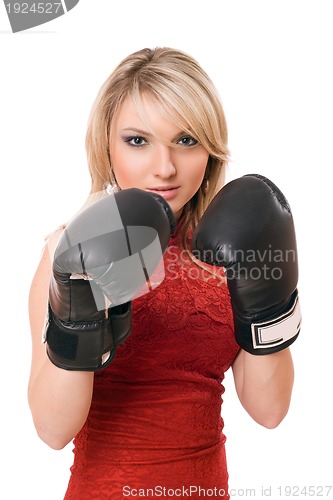 Image of Blond young girl in  boxing gloves