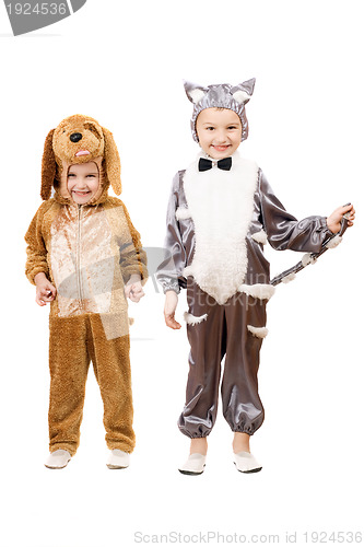 Image of Funny boys dressed as a cat and dog