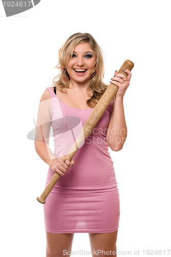 Image of Portrait of cheerful young blonde with a bat