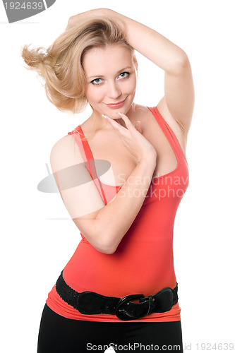 Image of young smiling blonde in red t-shirt