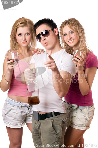 Image of Joyful young people with a bottle of whiskey