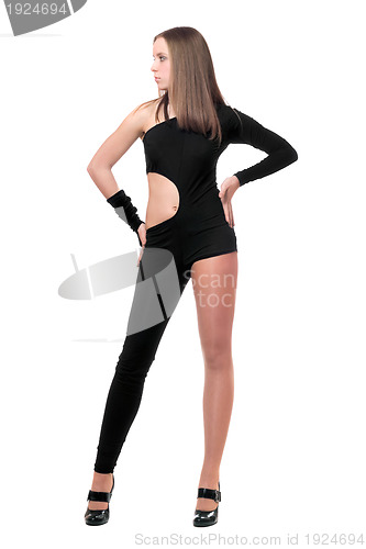 Image of Pretty young woman in skintight black costume