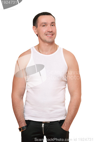 Image of Smiling man in a white t-shirt