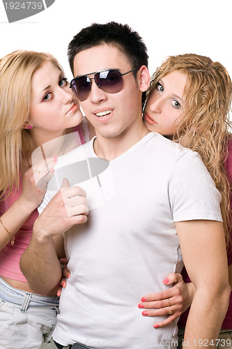 Image of Portrait of a two attractive blonde women with young man