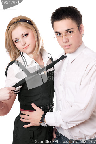 Image of Portrait of playful student pair. Isolated