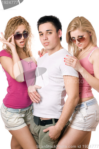 Image of two passionate blonde women with handsome young man