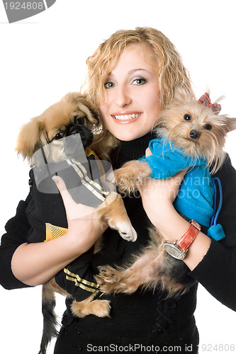 Image of Portrait of smiling pretty blonde with two dogs. Isolated